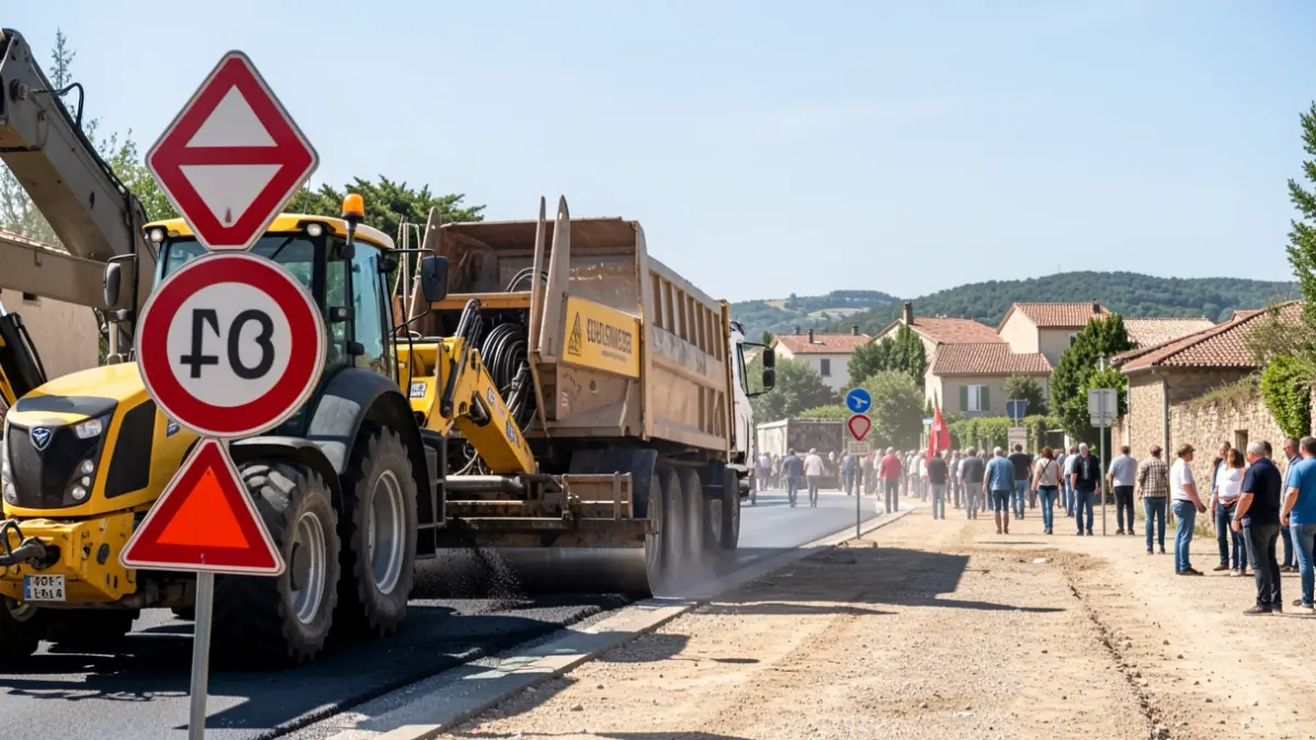 Travaux de chaussée sur la RN134 à Gurmençon, Pyrénées-Atlantiques.