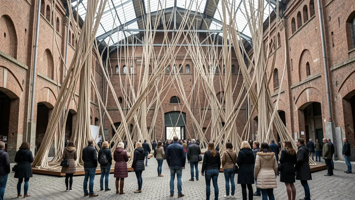 View of the TOTEMS exhibition at the Corderie Royale in Rochefort, featuring contemporary rope art installations.