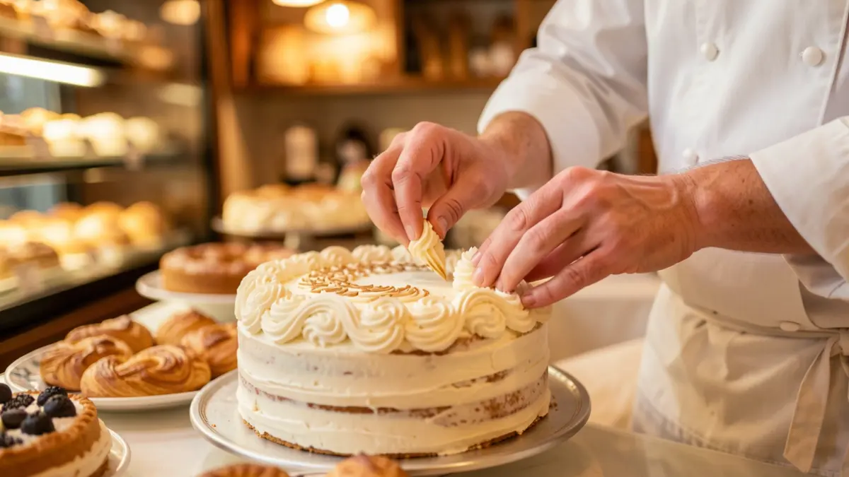 Image générique de mains de pâtissier décorant un gâteau.
