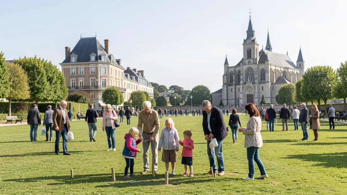 Generic image of an intergenerational treasure hunt in a park in Saint-Jean-de-Luz with iconic landmarks.