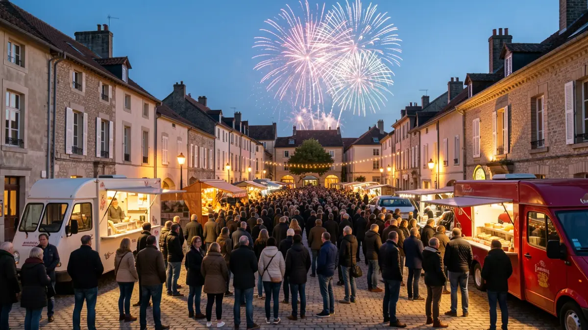 Scène festive d'un village en Nouvelle-Aquitaine au crépuscule, avec des food-trucks et une foule rassemblée pour un feu d'artifice.