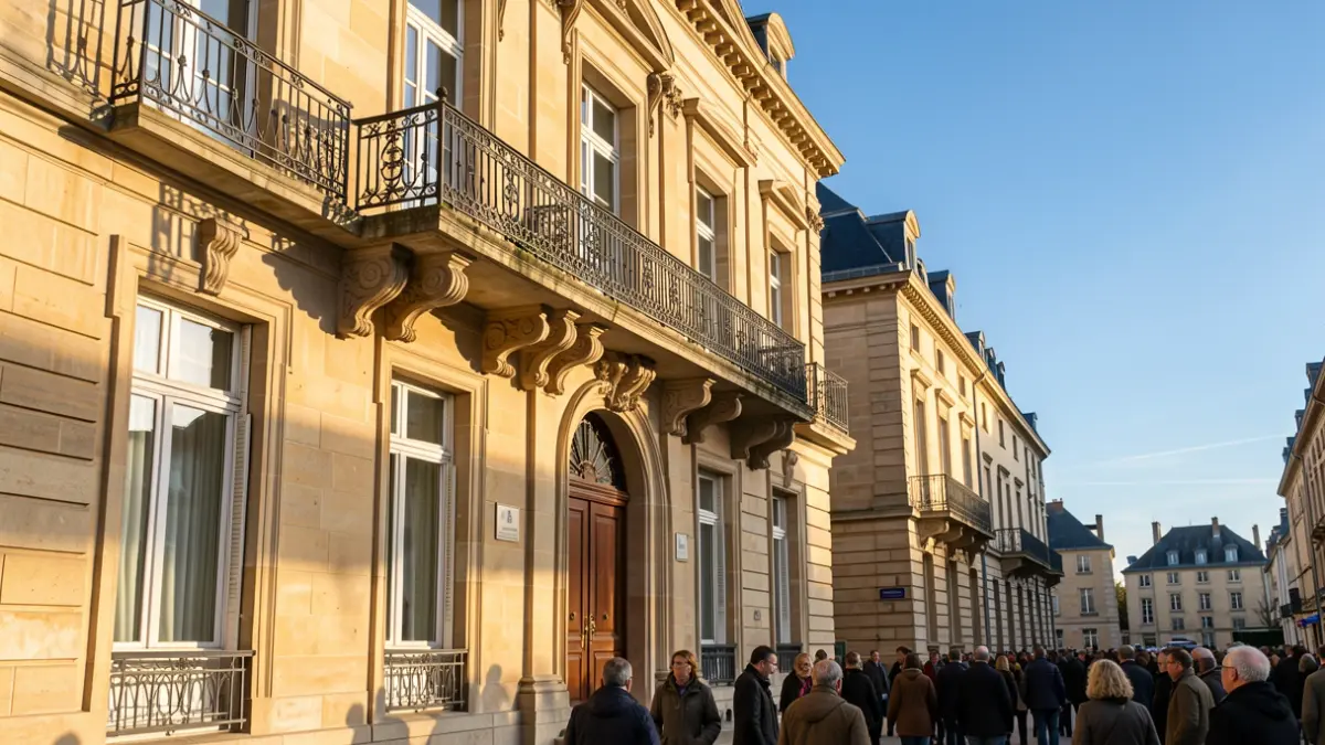 Stone facade of a Nouvelle-Aquitaine town hall with ornate balcony and iron railings, warm afternoon sunlight casting shadows on the sandstone walls, blue sky.