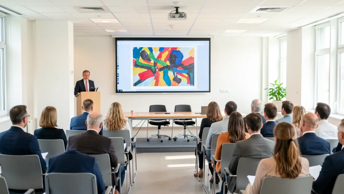 Salle de conférence d'hôpital moderne avec écran affichant de l'art abstrait, chaises disposées pour un public.