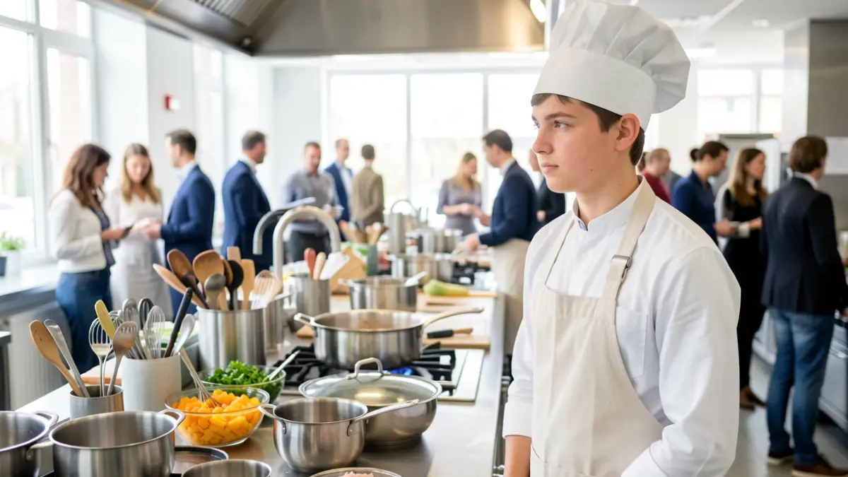 Apprentissage en cuisine à Sarlat : un jeune apprenti dans une cuisine professionnelle.