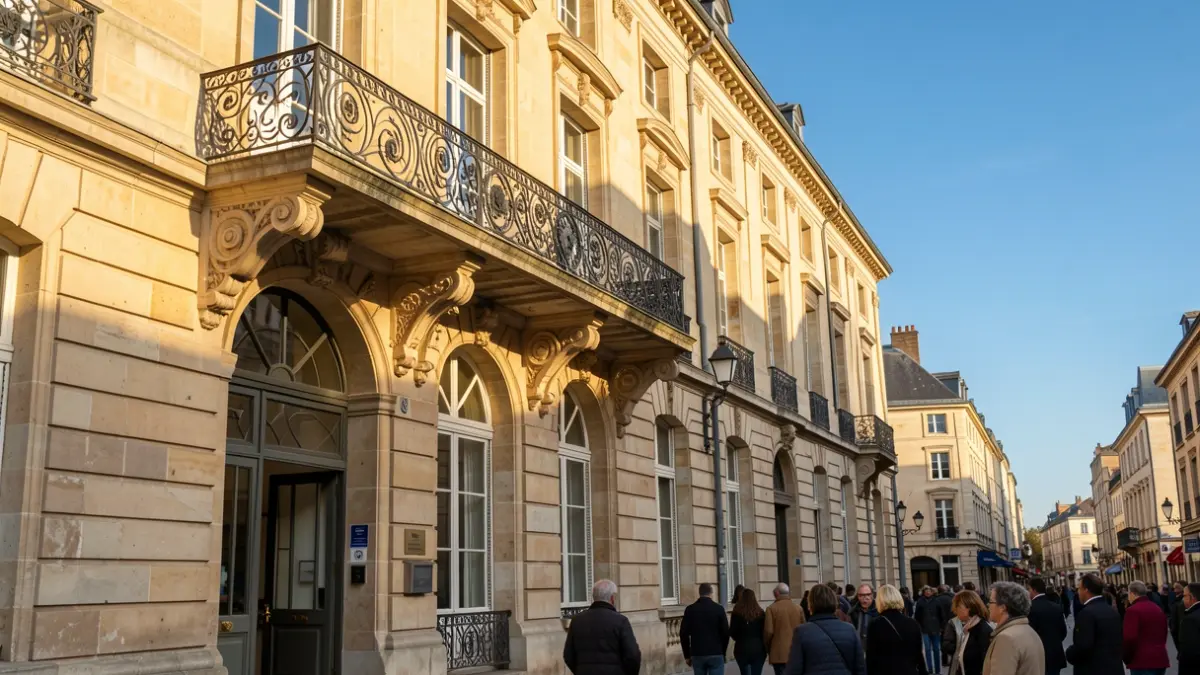 Stone facade of a Nouvelle-Aquitaine town hall with an ornate iron balcony, warm afternoon sunlight.