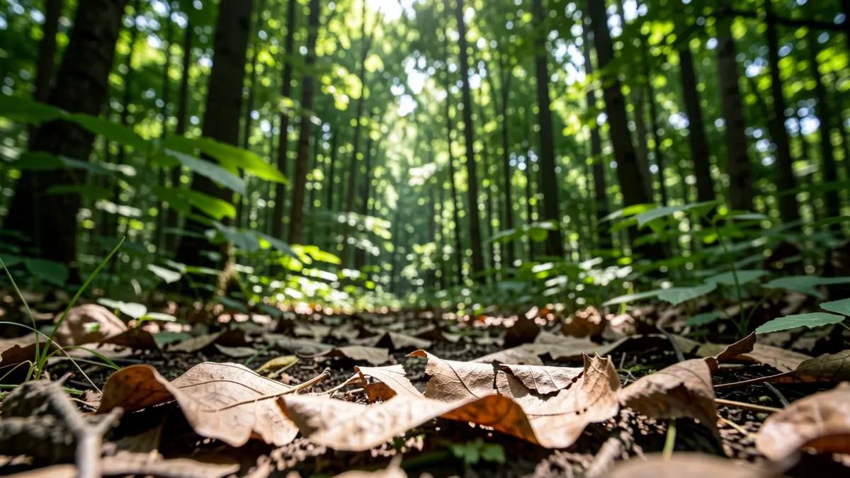 Feuillage dense d'une forêt avec des feuilles sèches au sol.