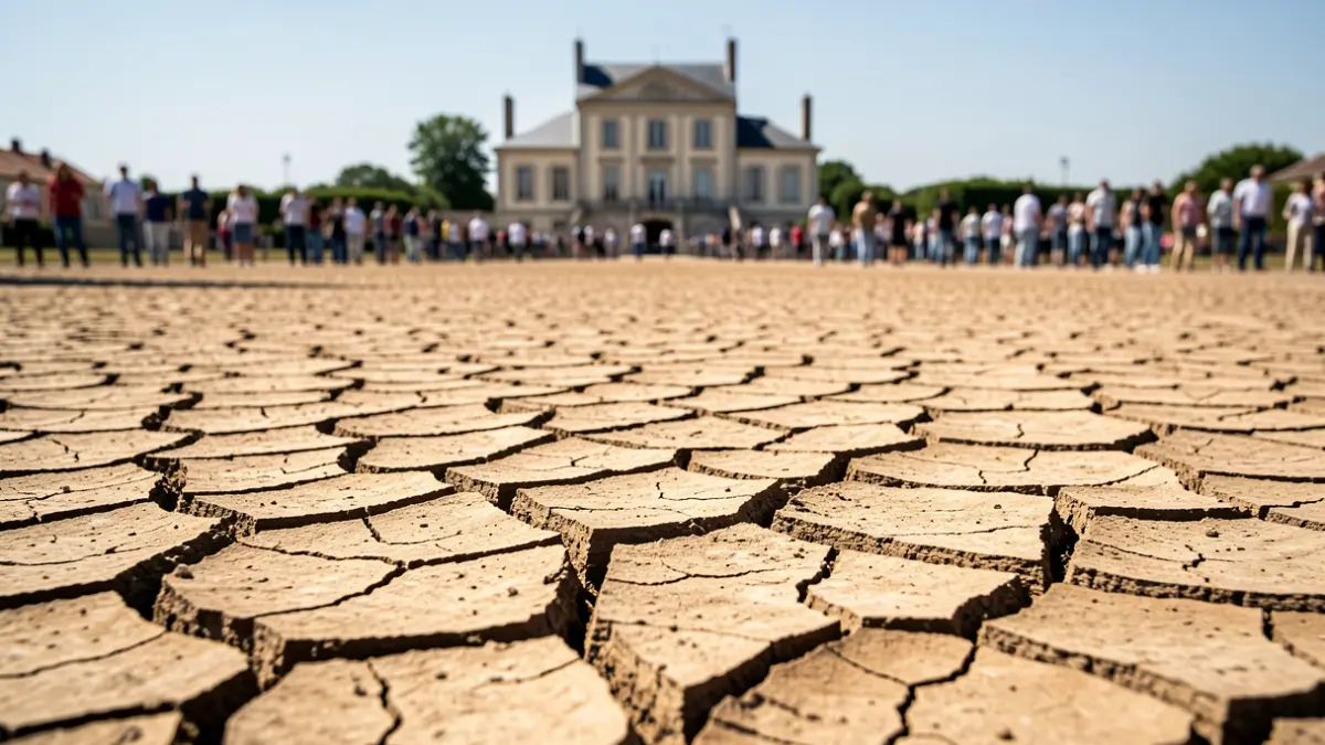 Generic image of drought in Charente-Maritime, showing a dry riverbed and a blurred town hall building.