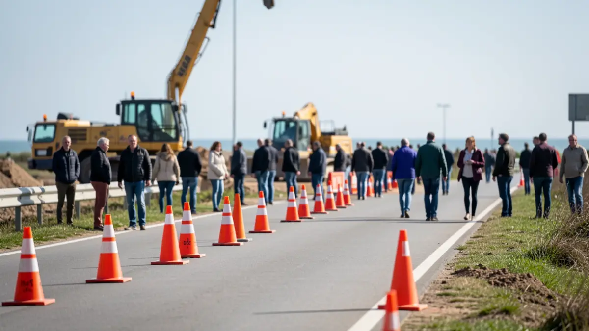 Image générique de travaux routiers sur la RD25 à Vaux-sur-Mer, Charente-Maritime, avec des cônes et barrières de chantier.
