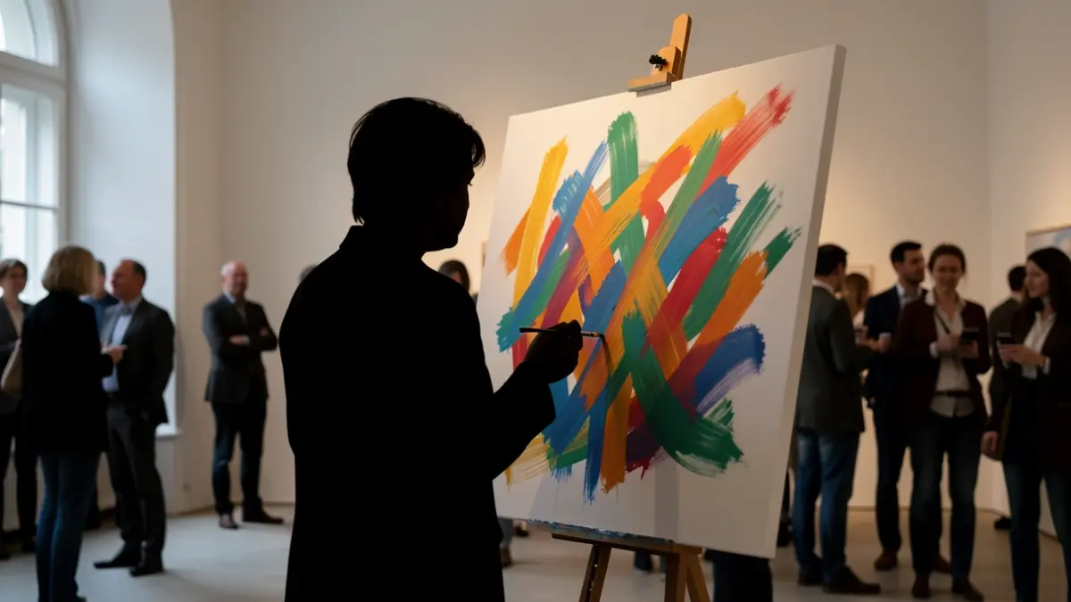 Image générique de santé mentale et d'art, une silhouette contemplant des touches de couleur abstraites sur une toile.