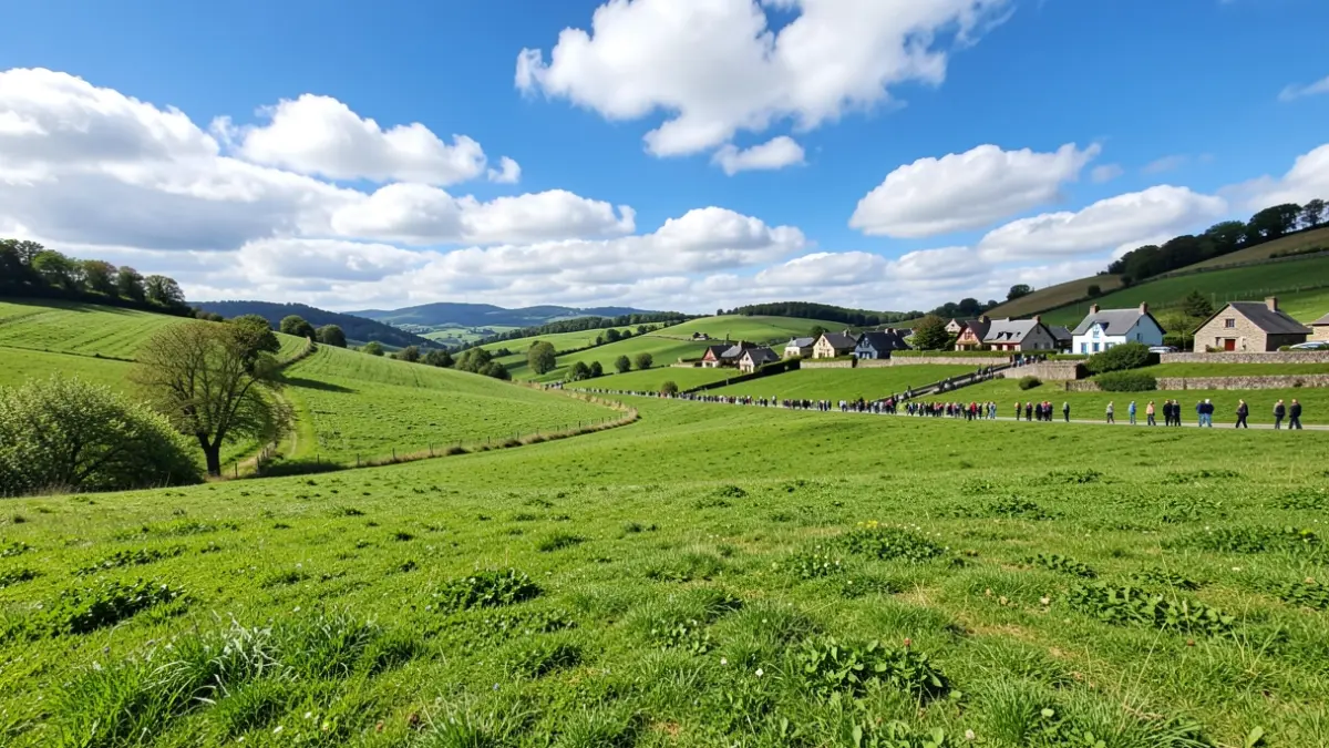 Green landscape of the Basque Country with traditional houses and a blue sky.