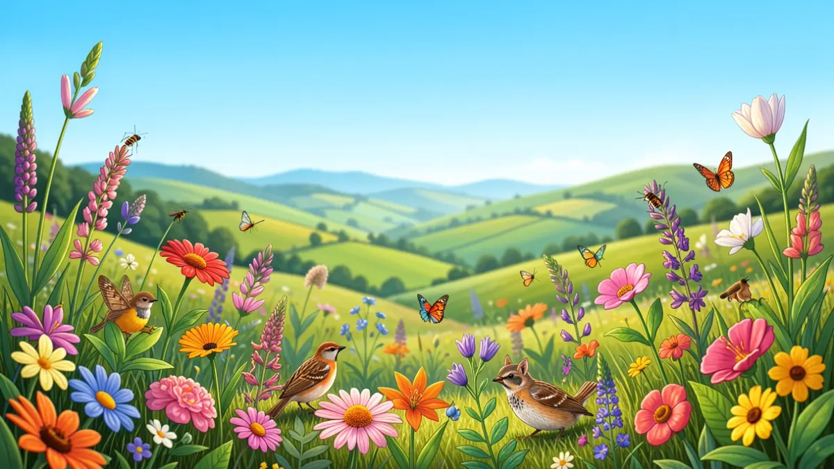Colorful illustration of biodiversity featuring plants, insects, and animals, set against green hills and a blue sky, evoking the Basque Country.