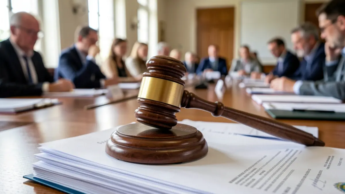 Close-up of a wooden gavel on a stack of official documents, with a blurred background of a formal meeting room in Nouvelle-Aquitaine.