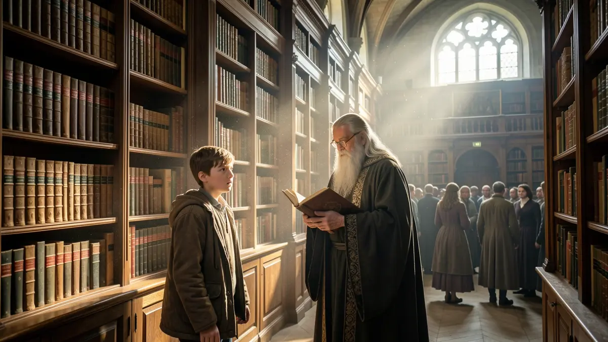 Intérieur d'une bibliothèque magique avec un sorcier et son apprenti cherchant une solution dans les livres.