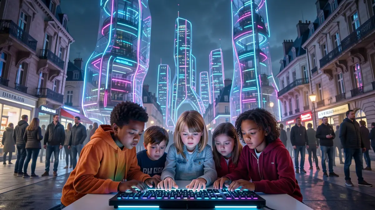 A futuristic city with plastic towers, neon lights, and rebellious children around a keyboard.