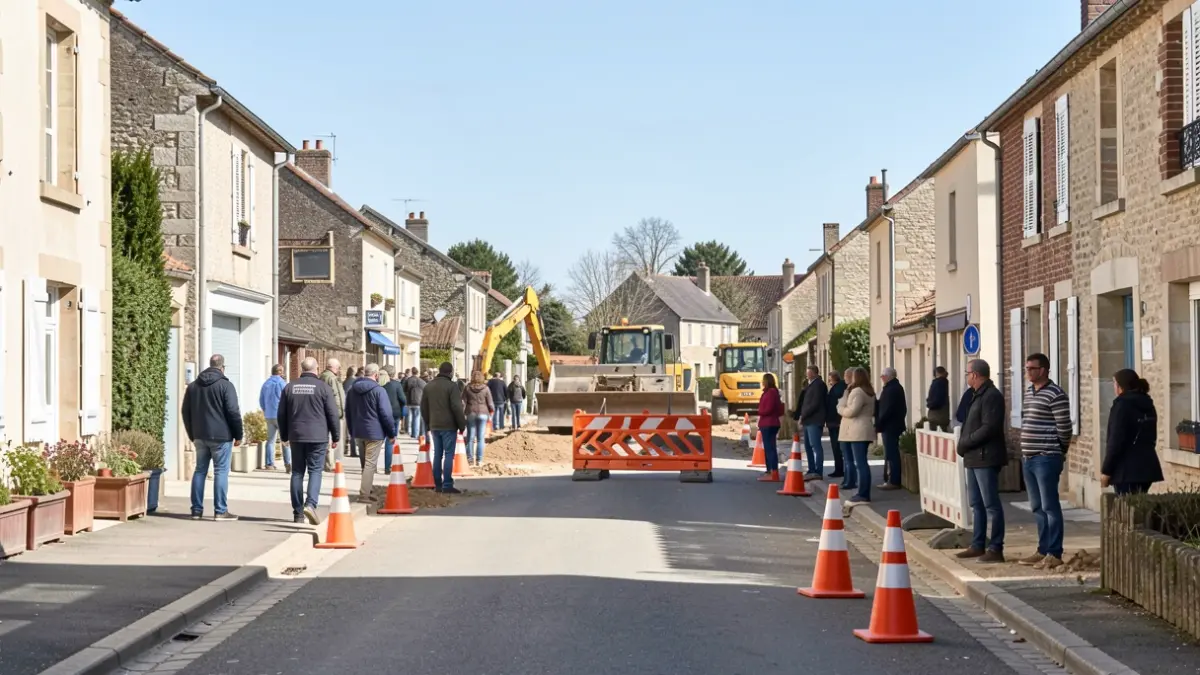 Travaux de voirie en cours rue de l'Ovalie à Égletons, avec cônes de signalisation et engins de chantier.
