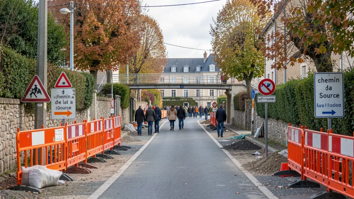 Construction site on Chemin de la Source in Vaux-sur-Mer, with a temporarily closed footbridge.