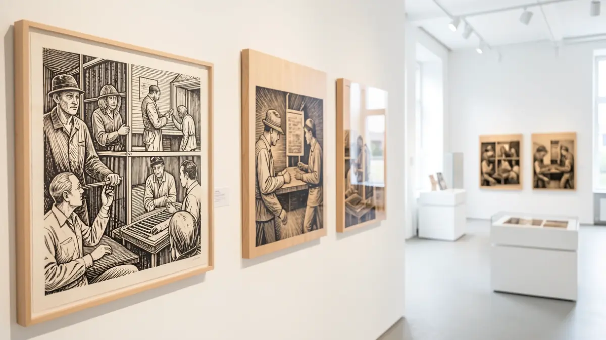 Exhibition of original artworks from a graphic novel about death row, including drawings and woodblock prints.
