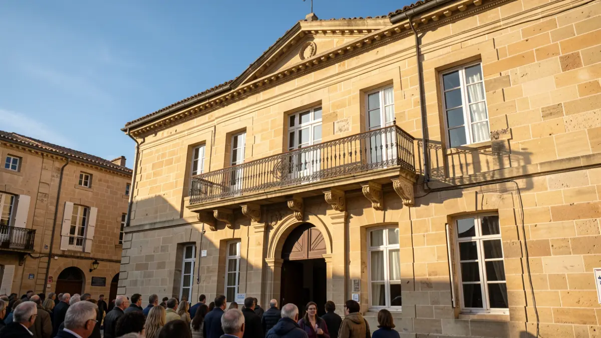 Facade of the Tresses town hall, Nouvelle-Aquitaine, with balcony and blue sky.