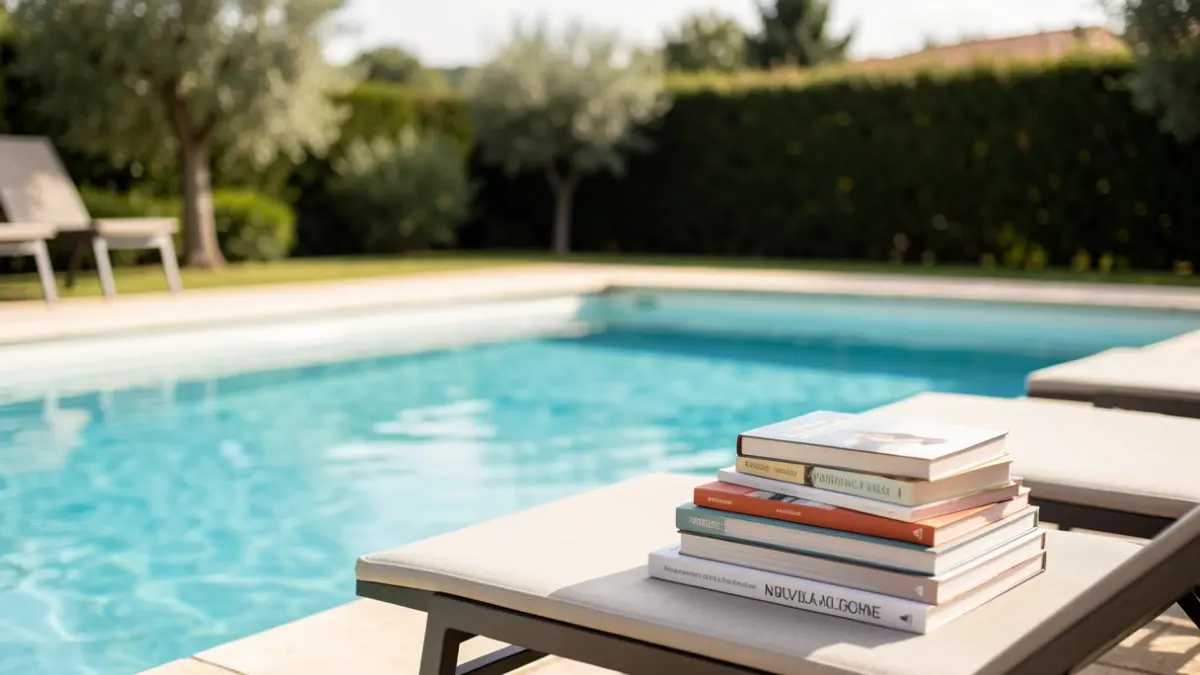 Image générique de livres près d'une piscine.