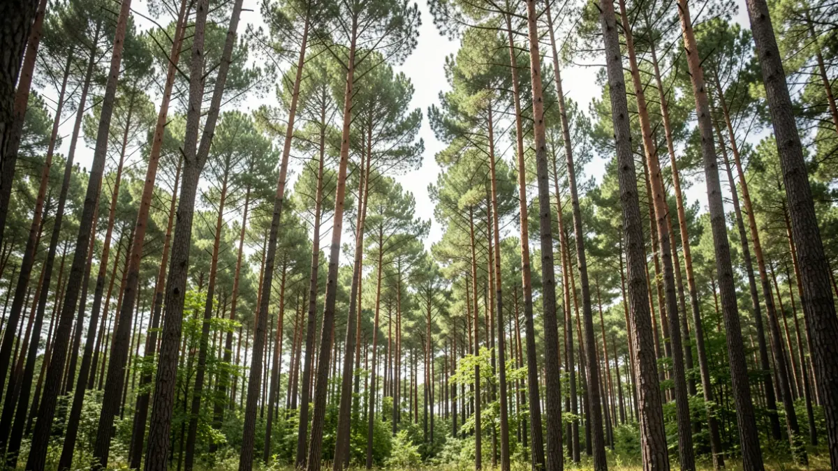 Dense pine forest in Nouvelle-Aquitaine, light filtering through the trees.