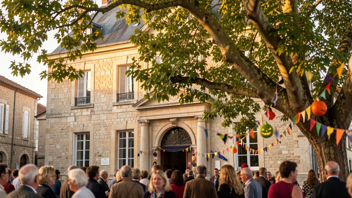 Façade de la mairie de Vaux-sur-Mer avec un tilleul et des décorations d'Halloween.