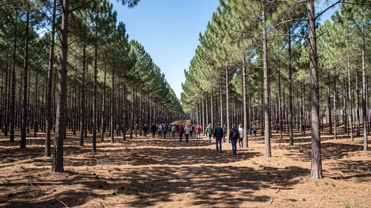 Forêt de pins dense en Nouvelle-Aquitaine sous un ciel bleu clair, sol sec, risque élevé d'incendie.