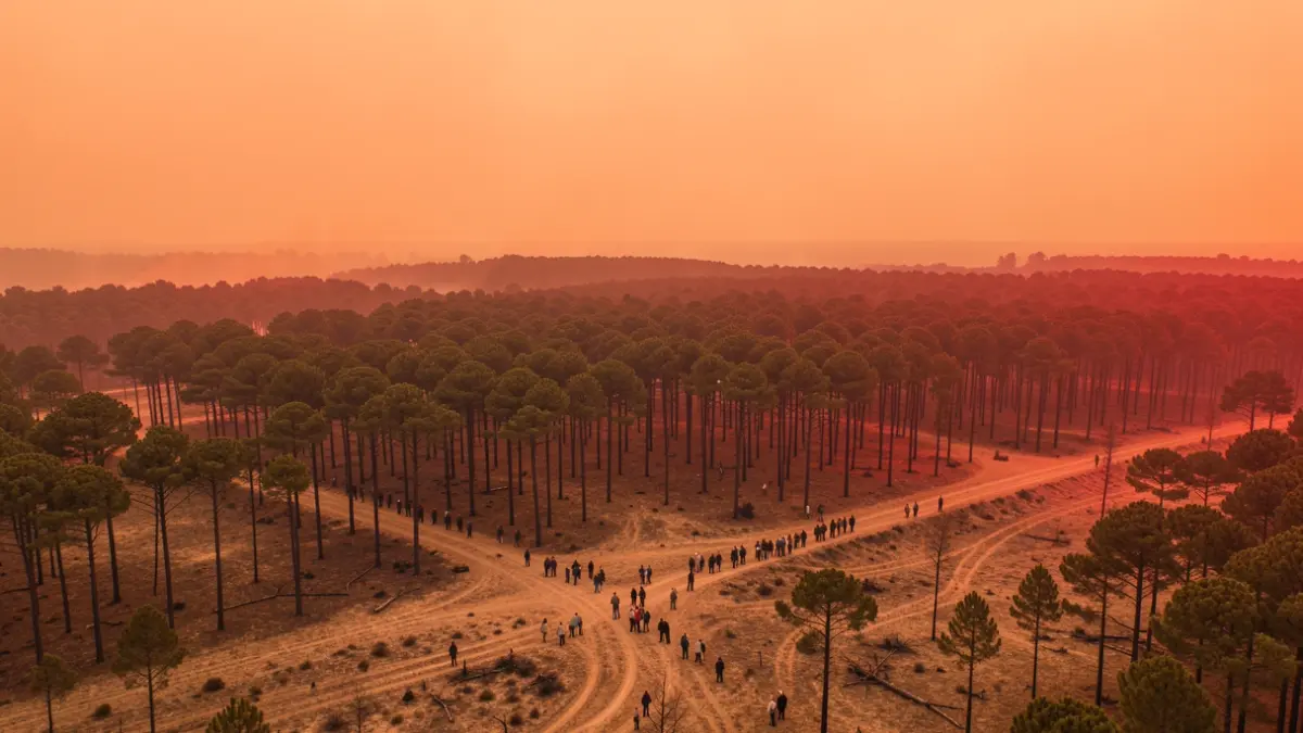 Aerial view of a vast, dry pine forest in Nouvelle-Aquitaine under a hazy orange sky, indicating high fire risk.