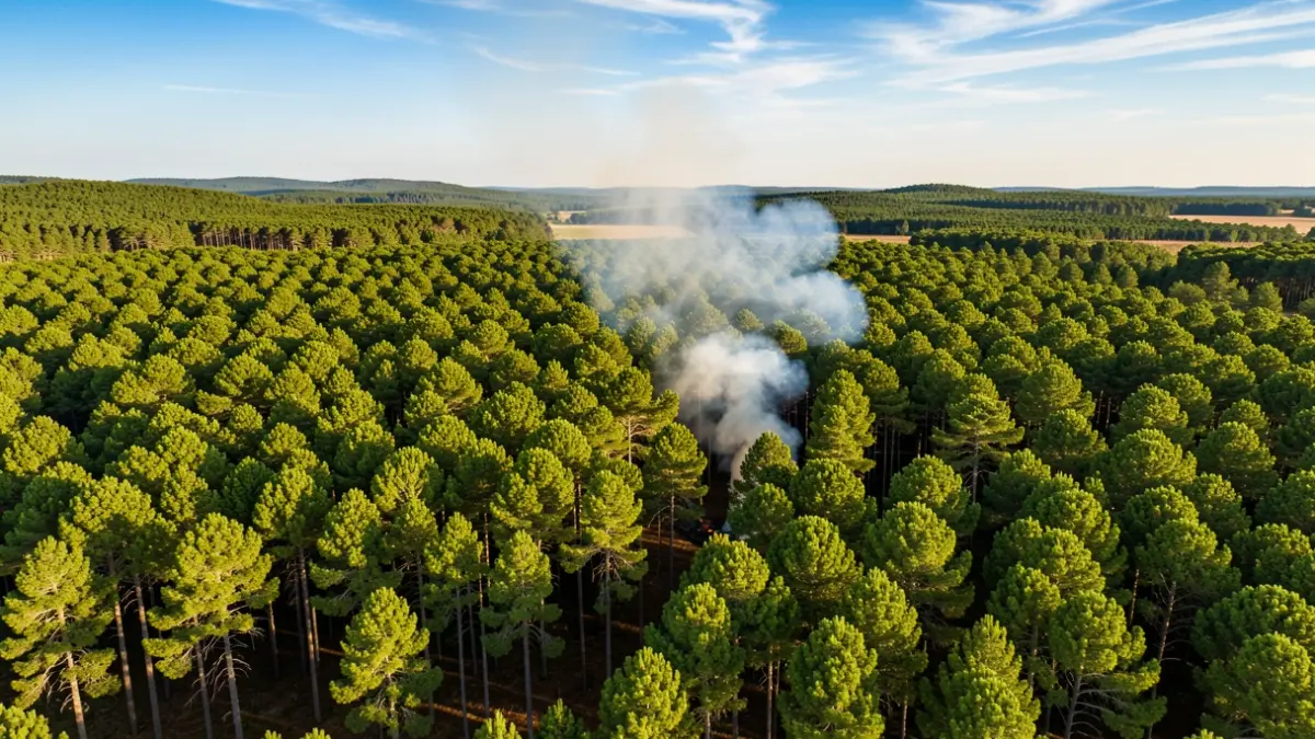Aerial view of a pine forest in Gironde with a column of smoke.