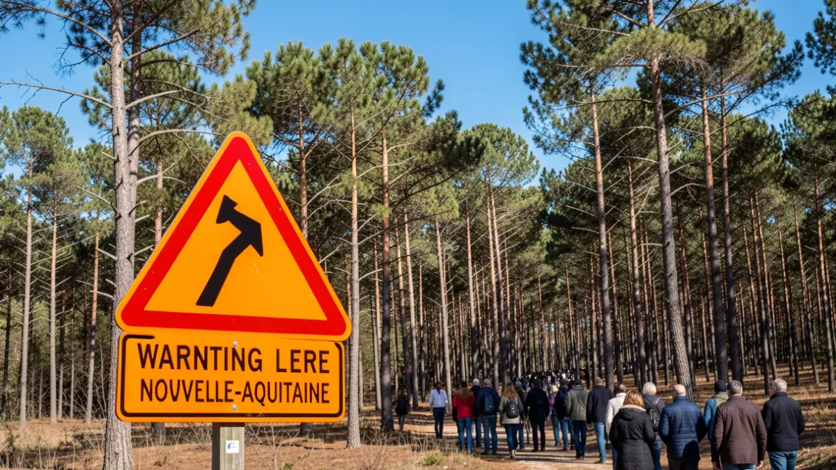 Panneau de prévention des incendies de forêt affichant le niveau d'alerte orange dans un massif forestier de Nouvelle-Aquitaine.