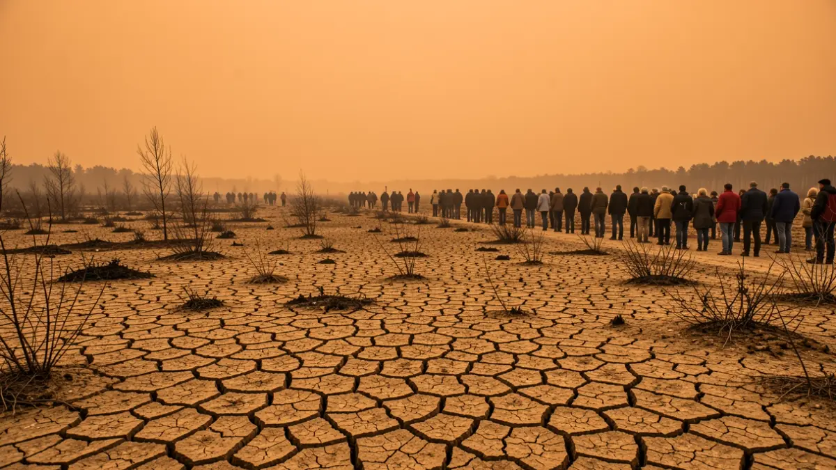 Generic image of dry, cracked earth under a hazy orange sky, symbolizing forest fire risk.