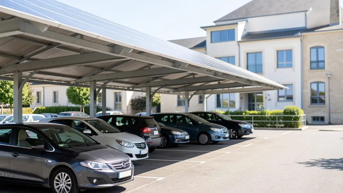 Ombrière solaire photovoltaïque sur le parking de la salle du Cube à Villenave-d'Ornon.