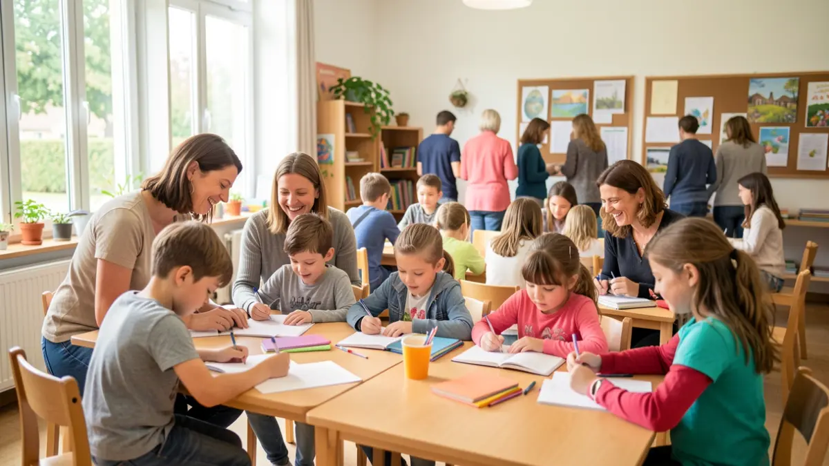 Generic image of volunteers helping children with homework in a community center.
