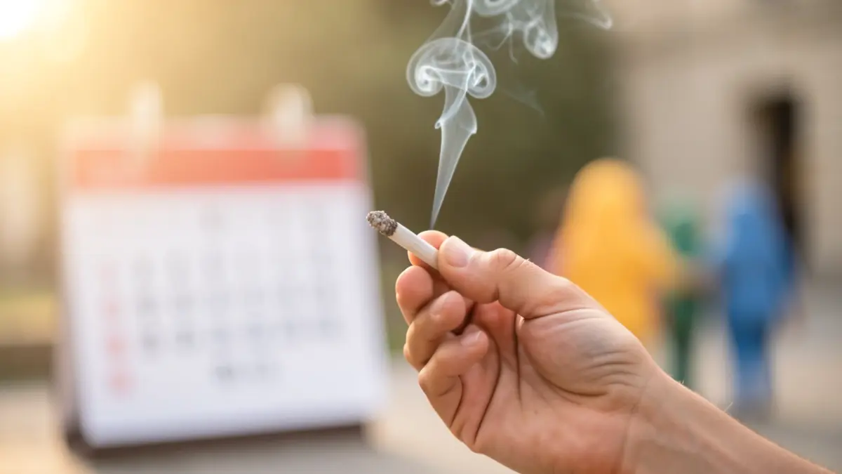 Image générique de mains tenant une cigarette avec de la fumée, avec des formes abstraites représentant un calendrier et une communauté de soutien en arrière-plan.