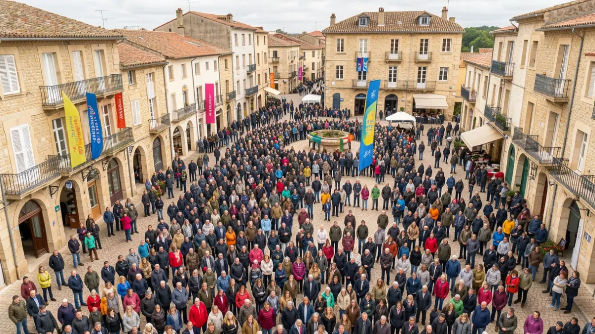 Image générique d'une foule diverse rassemblée sur une place publique de Nouvelle-Aquitaine, avec des bannières colorées et une architecture régionale typique.
