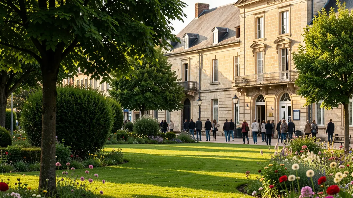 Generic image of a sunny town hall facade with a landscaped park.