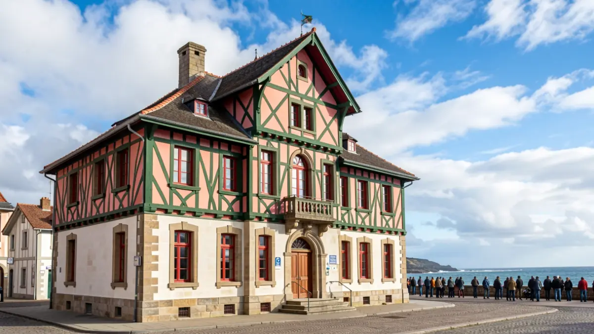 Facade of the Hendaye town hall, traditional Basque architecture with red and green colombage, under a changing Atlantic sky.