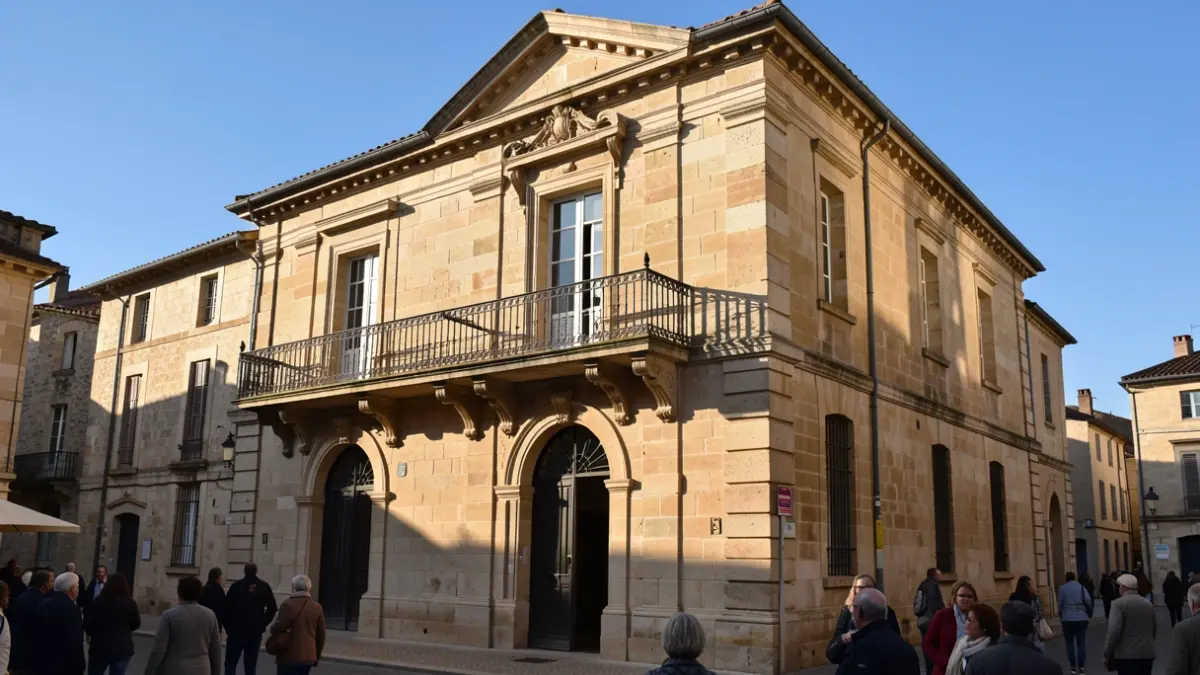 Facade of the Agen town hall, Nouvelle-Aquitaine, with ornate balcony and sunny sky.