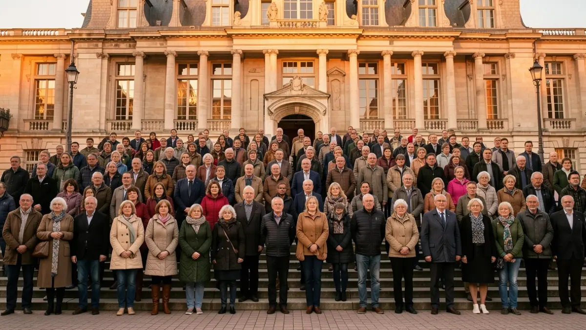 Generic image: with a gathered crowd and the building's facade lit by evening light.