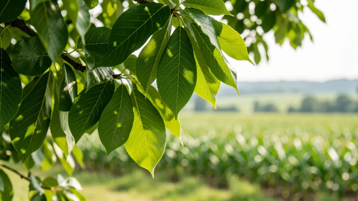 Generic image of green tree leaves with sunlight filtering through, showing intricate vein patterns. In the background, blurred rows of crops and a hint of a temperate landscape.