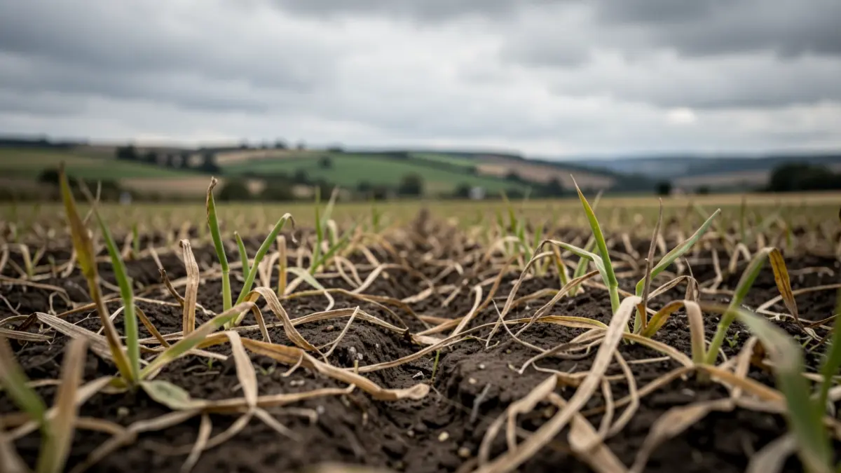 Image générique de terres agricoles en Nouvelle-Aquitaine montrant des signes de difficultés, avec un arrière-plan de collines sous un ciel nuageux.