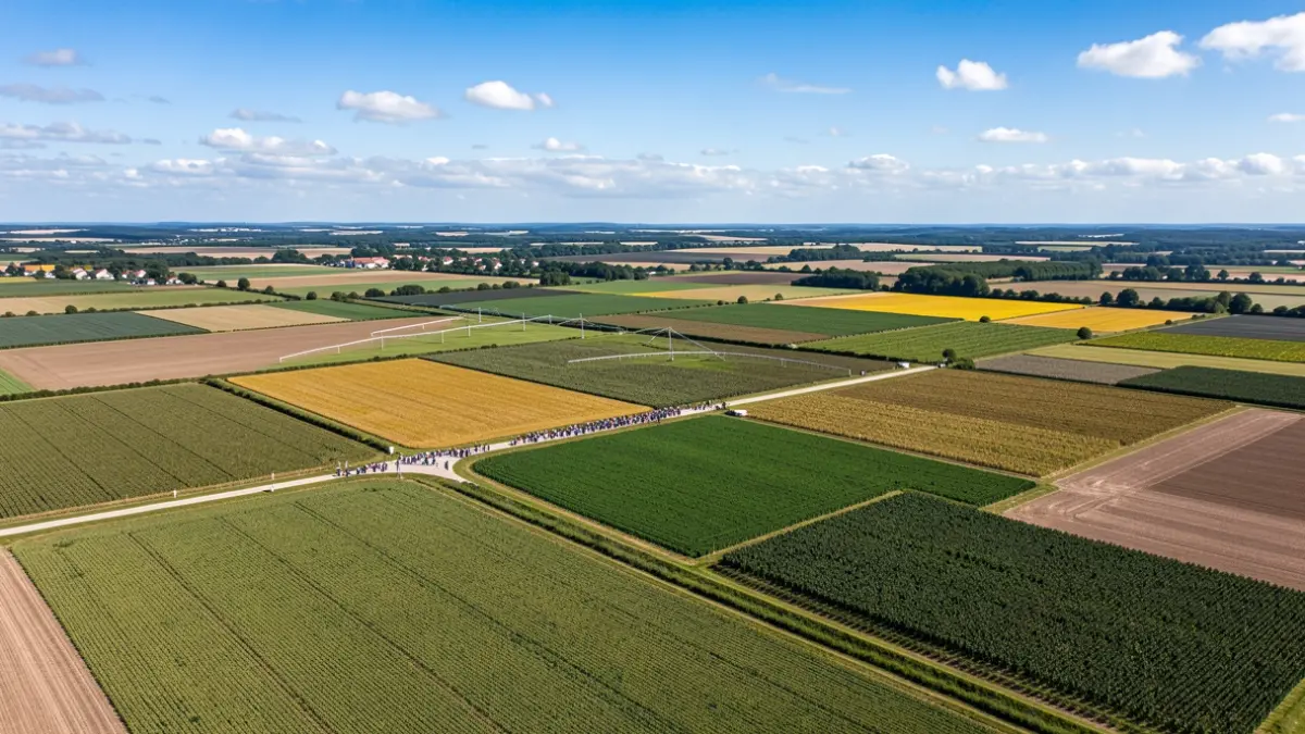 Vue aérienne de champs agricoles en Nouvelle-Aquitaine.