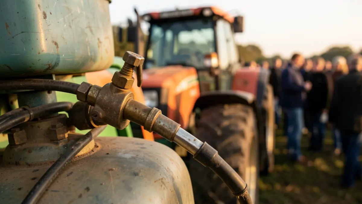 Gros plan sur des pièces de machinerie agricole, notamment une lance de carburant et une partie d'un réservoir, avec un arrière-plan flou de tracteur ou d'équipement forestier. Lumière chaude de fin d'après-midi.