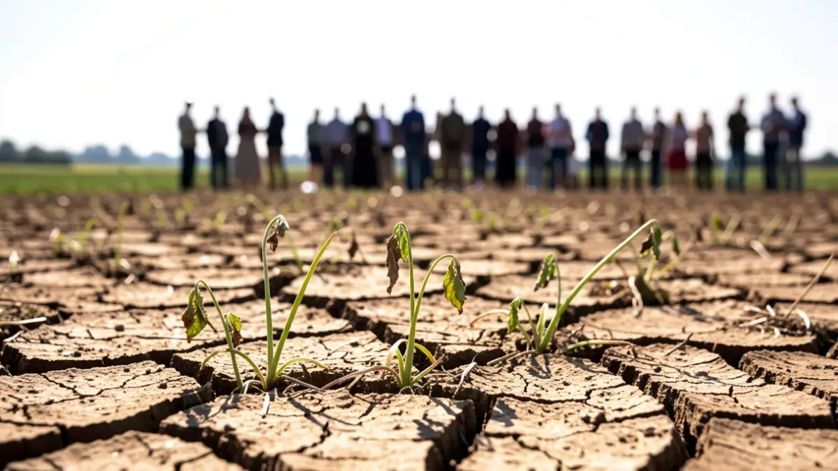 Generic image of cracked earth due to drought with a few green shoots.