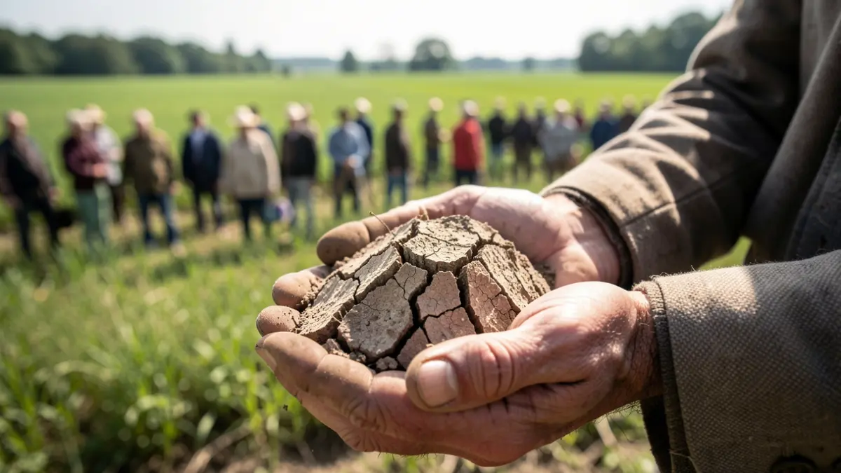 Generic image of a farmer's hands holding dry, cracked earth, symbolizing drought. In the background, blurred green fields under a harsh sun.