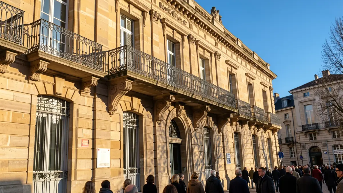 Façade en pierre d'un hôtel de ville de Nouvelle-Aquitaine avec balcon orné et balustrade en fer forgé, soleil d'après-midi.