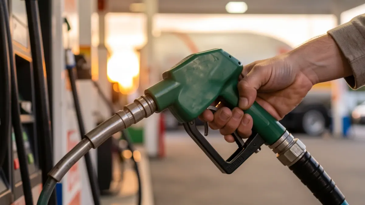 Generic image of close-up of a hand holding a fuel nozzle with a blurred background of a gas station and a truck's fuel tank, warm evening light, shallow depth of field. Focus on the nozzle and the fuel.
