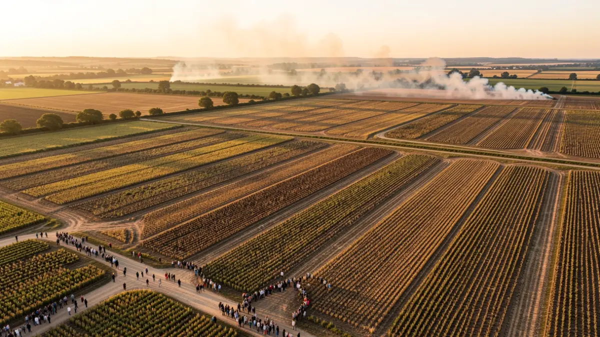 Aerial view of agricultural fields in Nouvelle-Aquitaine affected by drought and fires.