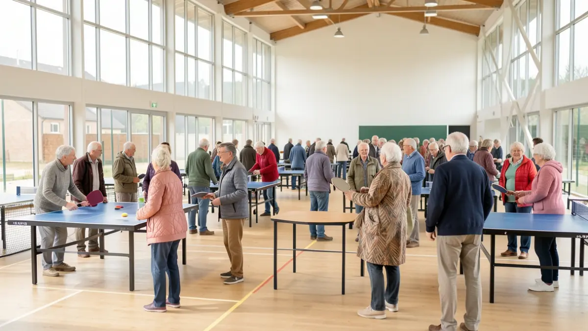 Image générique de seniors pratiquant des activités sportives conviviales dans un gymnase.