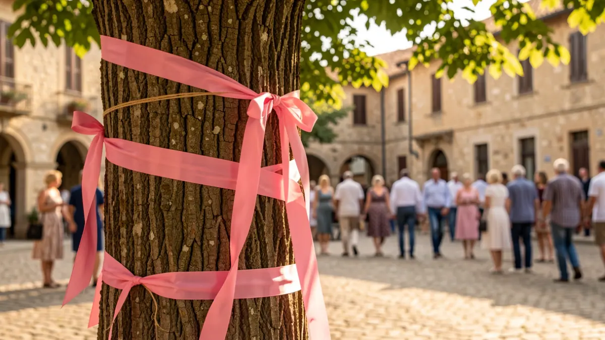 Rubans roses attachés à un arbre dans le village d'Amailloux pour Octobre Rose.