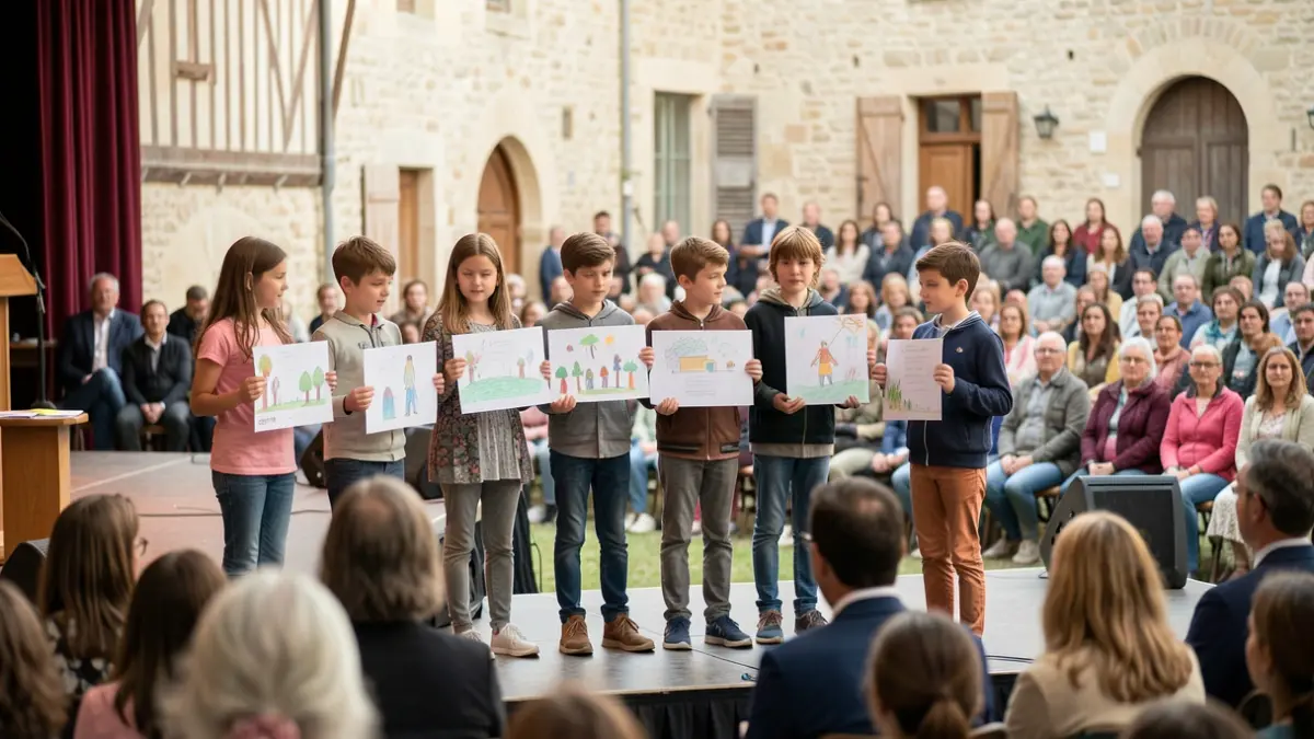 Image générique de jeunes candidats présentant leurs projets lors d'une élection municipale.